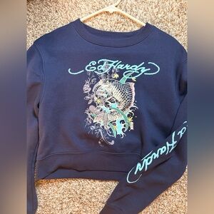Ed Hardy Navy womens Sweatshirt with Turquoise Koi Graphic